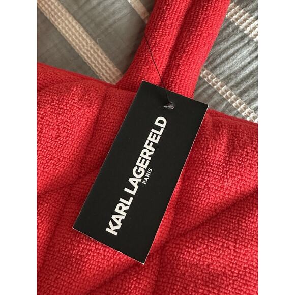 New Karl Lagerfeld Paris Vermillion Red Voyage Terry Designer Tote Bag Style - Picture 4 of 5